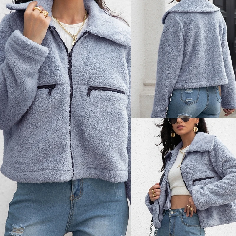 

Women Faux Fur Plush Zipper Jacket Harajuku Solid Color Lapel Collar Long Sleeve Cropped Coat Oversized Loose Cardigan 101A