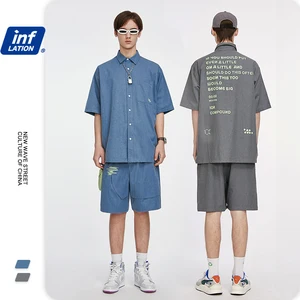 Модная мужская рубашка с коротким рукавом и короткие шорты с эластичным поясом, синий и серый уличный костюм