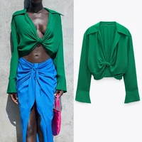 traf top woman za 2021 green crop top female ruched long sleeve summer blouse women fashion knot streetwear elegant blouses