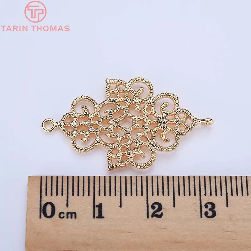 Латунные полые подвески с цветами покрытые 24-каратным золотом 6 шт. 20x33 мм