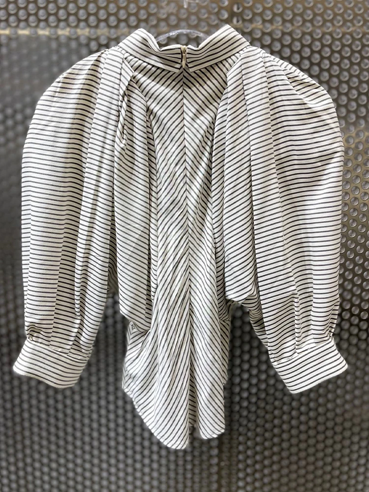 

French Vintage Puff Sleeve Lapel Irregular Striped Short Shirt 2021 Summer Women's Clothing Casual All-Match Pullover Tops IsM