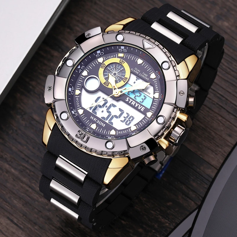 men fashion wristwatches luxury hot stryve brand mens plastic strap sports dual time quartz digital watches with 30m waterproof free global shipping