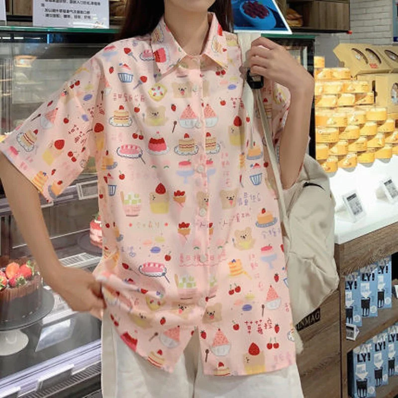 

Kawaii Shirts Women Short Sleeve Lovely Printed Loose Korean Summer Harajuku Fashion Tees Female Swee Collar Topst Turn-down