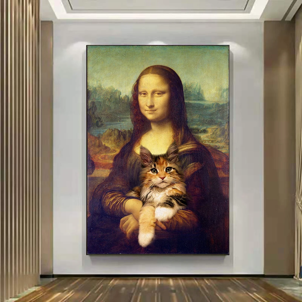 

Famous Painting Art Mona Lisa and Cat Poster Prints Canvas Painting Print Wall Art Pictures For Living Room Home Decor Cuadros