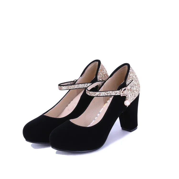 Женские туфли на высоком каблуке лодочки с круглым носком и блестками большие