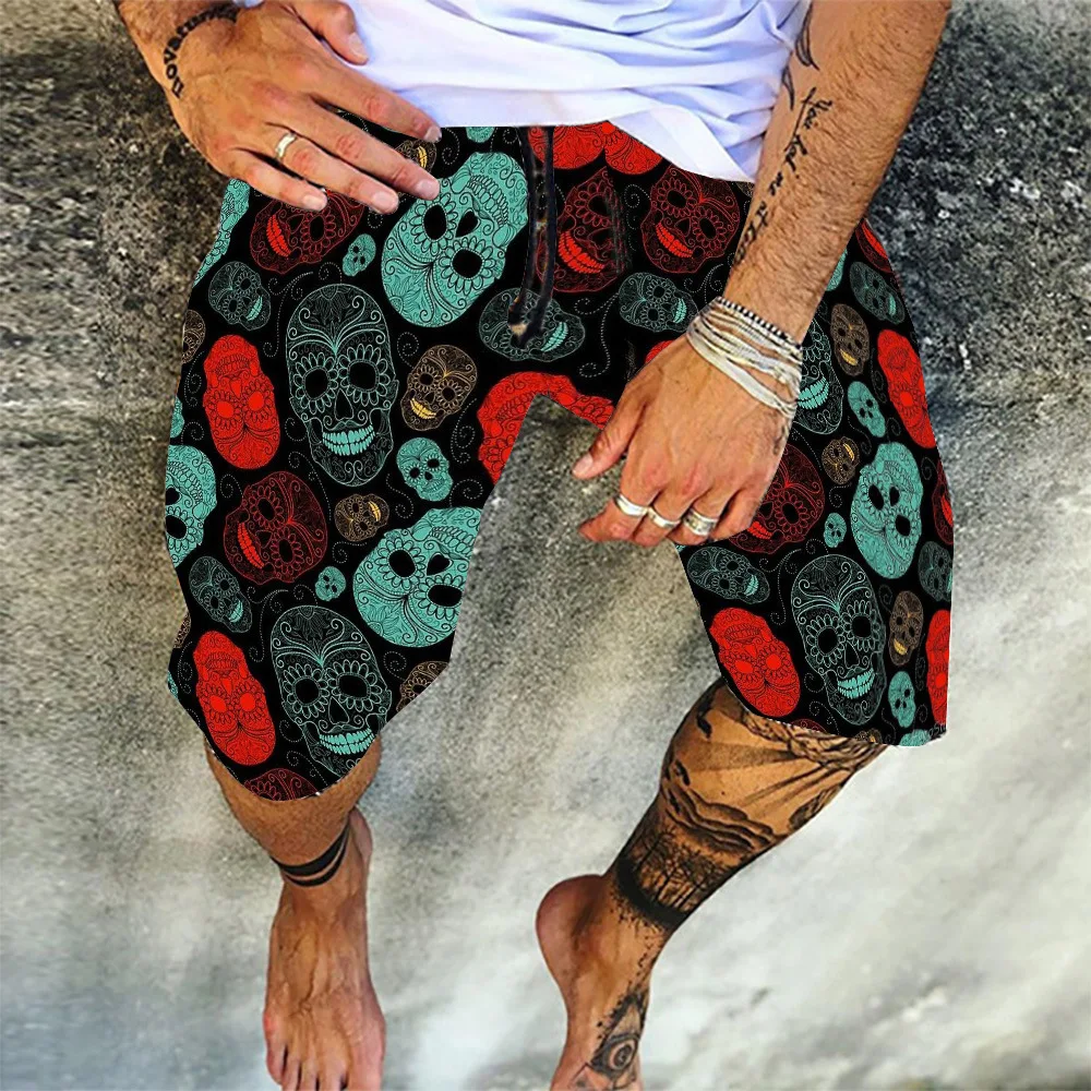 

2021 Summer Men Vintage Skull Print Cotton Linen Shorts Casual Loose Drawstring Beach Short Pant For Male Streetwear 4XL