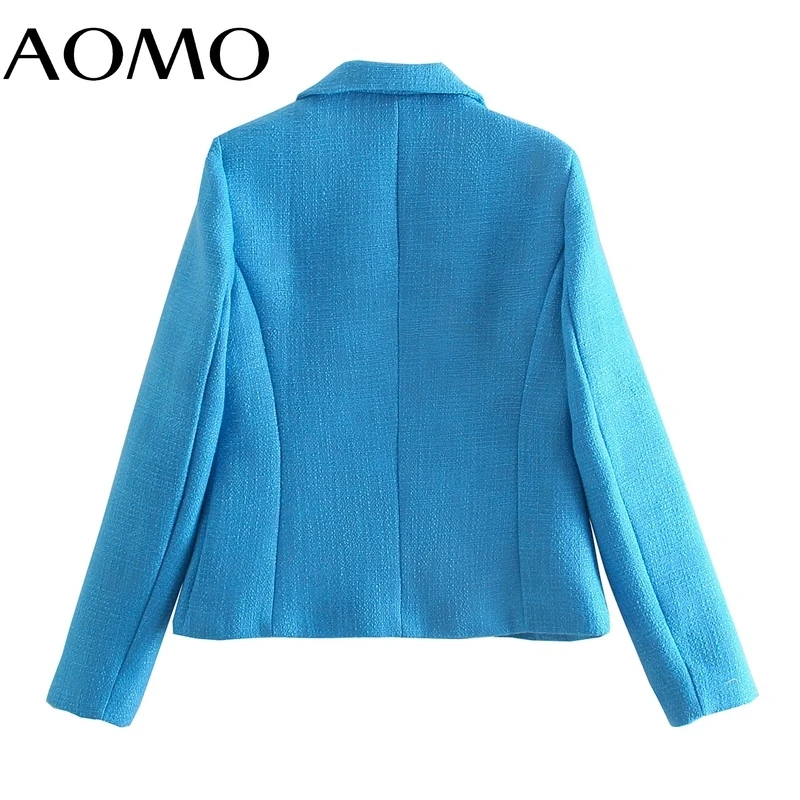 

AOMO Women Vintage Blue Tweed Blazer Female Long Sleeve Elegant Jacket Ladies Work Wear Blazer Formal Suits QD90A
