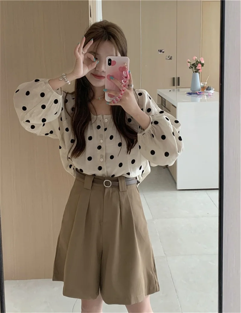 

French thin polka-dot long-sleeved chiffon shirt summer chic tops women camisas mujer women tops blusa mujer