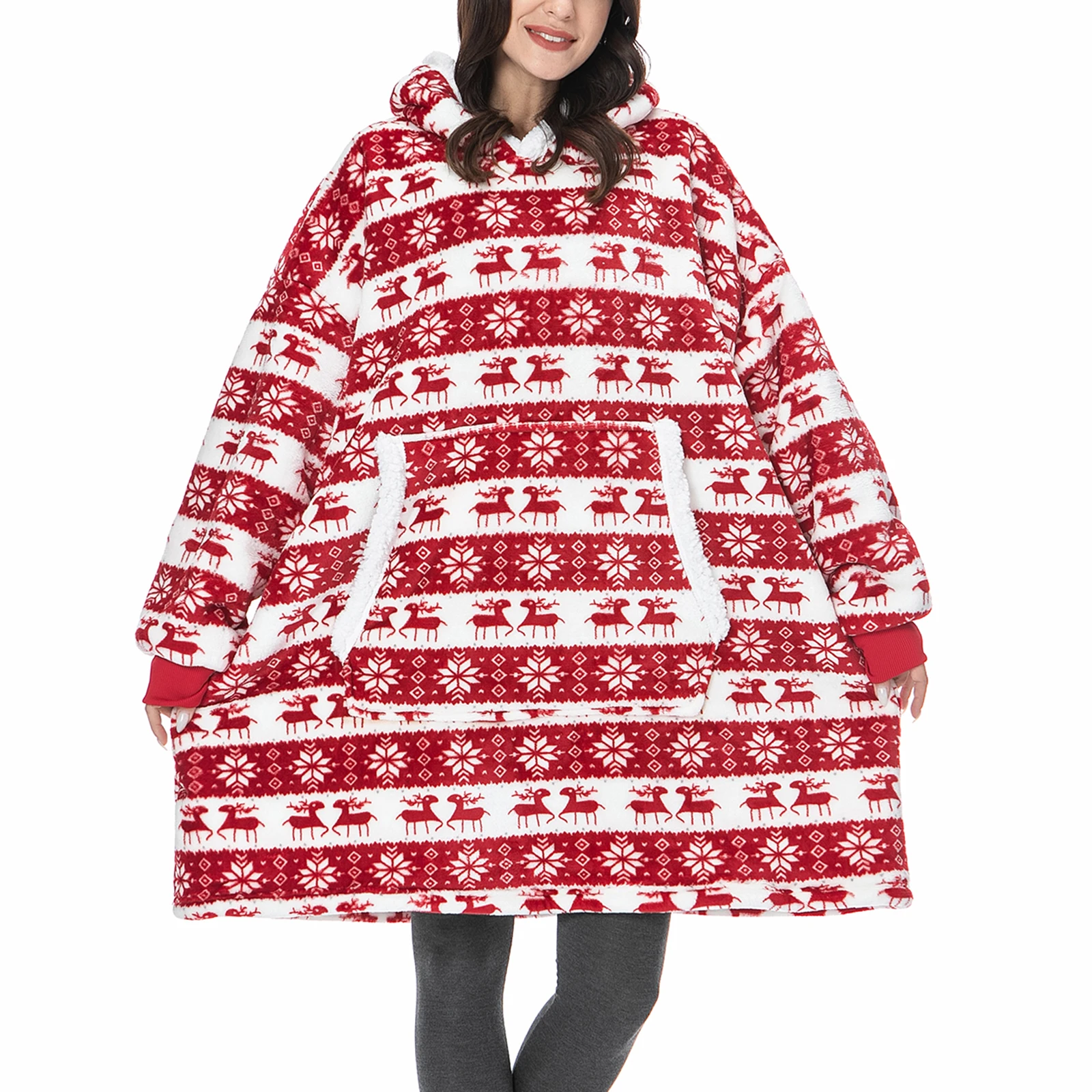 

Winter Women Christmas Hoodie Blanket Fleece Snowflake Tie-Dyed Pullover Loose Plus Size Thick Sweatshirt