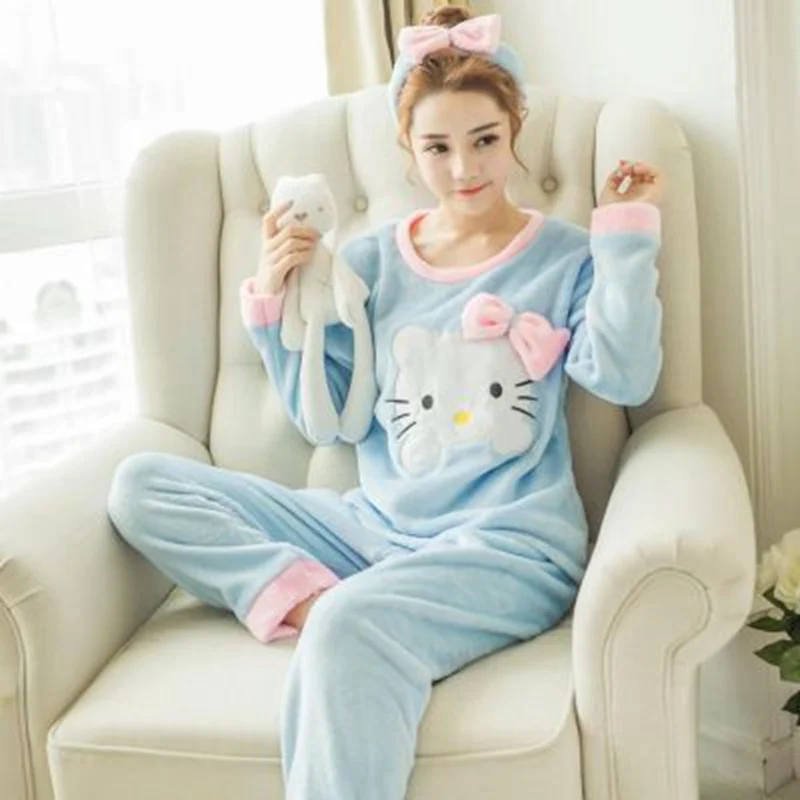 pink Пижамный комплект из 2 предметов, пижама, домашний костюм для женщин, теплая пижама с длинным рукавом и изображением кота, зимний бархатный пижамный комплект с принтом животных - Цвет: pink