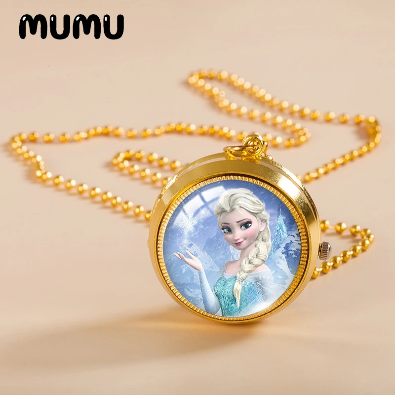 2021 New Queen Elsa Anna Pocket Watch Necklace Olaf Gold Color Vintage Watch Glass Dome Pendant Jewelry Gifts