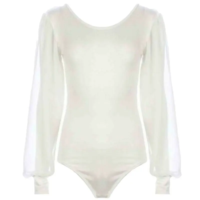 

2019 New Fashion Women Long Puff Sleeve Bodysuit Mesh Sheer Sleeve Jumpsuit Ladies Stretch Leotard Slim Jumpsuits Clothes