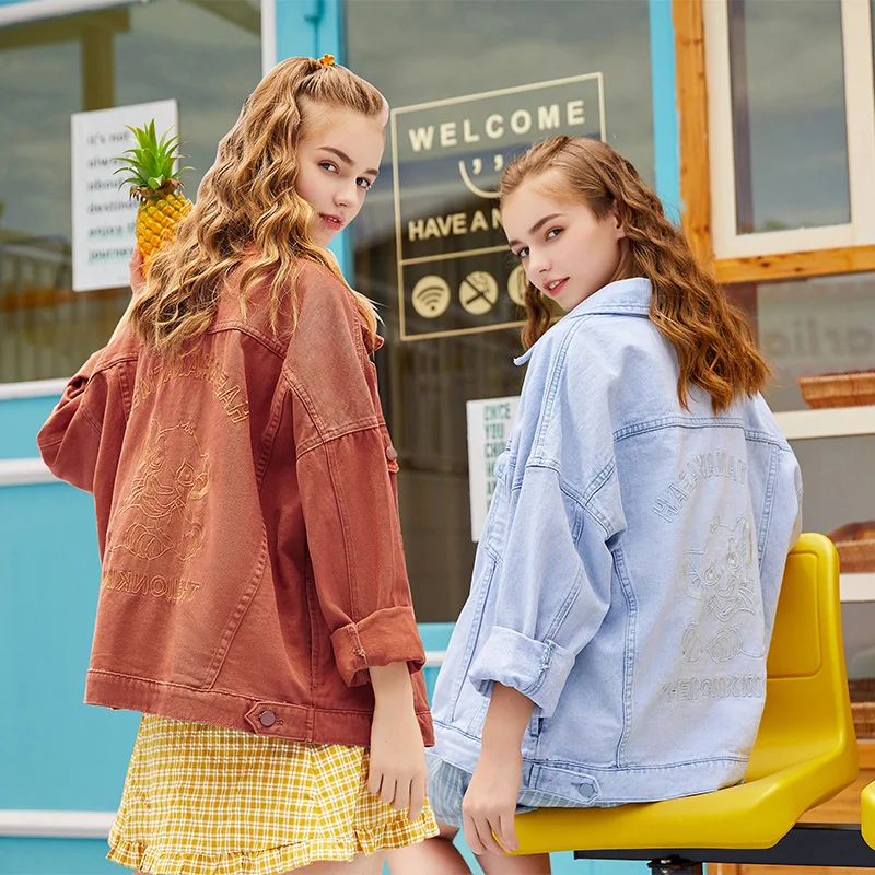 Винтажная Свободная джинсовая куртка с вышивкой льва Женский уличный