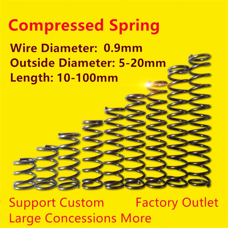 

10PCS Wire Diameter 0.9mm Compression Spring Cylidrical Coil Rotor Return Pressure Compressed Spring Steel 65Mn Length 10-100mm