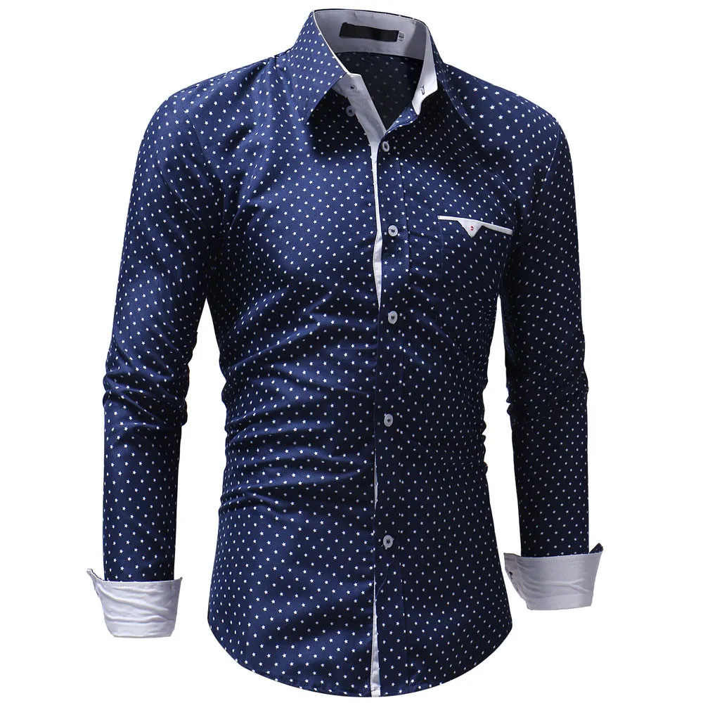 Blue Модные мужские рубашки, Рождественская рубашка, Мужская Осенняя Повседневная официальная приталенная рубашка в горошек с длинным рукавом, блуза, топ, мужские рубашки - Цвет: Blue