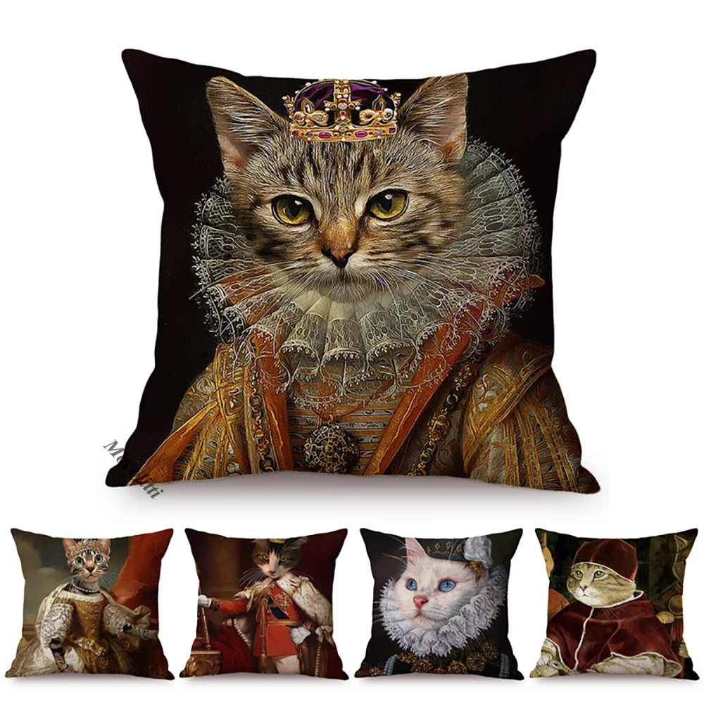 Cat Funky Animal Portrait Europe Renaissance Oil Painting Posters Style Decorative Throw Pillow Cases Linen Sofa Cushion Cover