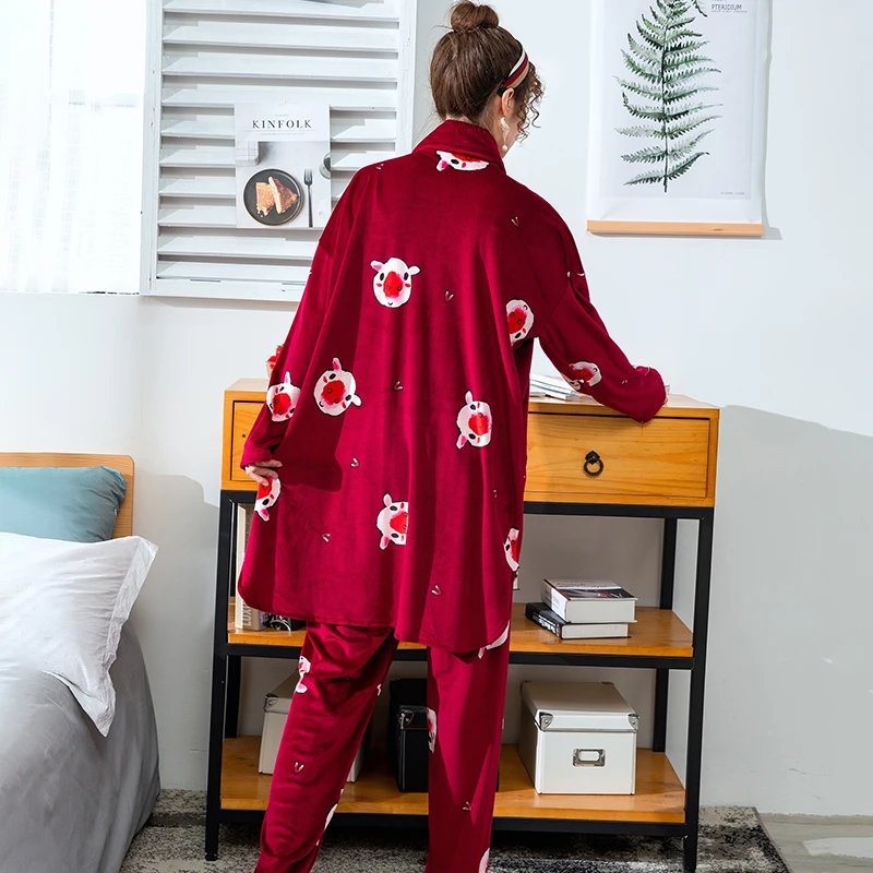 Фланелевые пижамные комплекты женские зимние пижамы кардиган с длинными