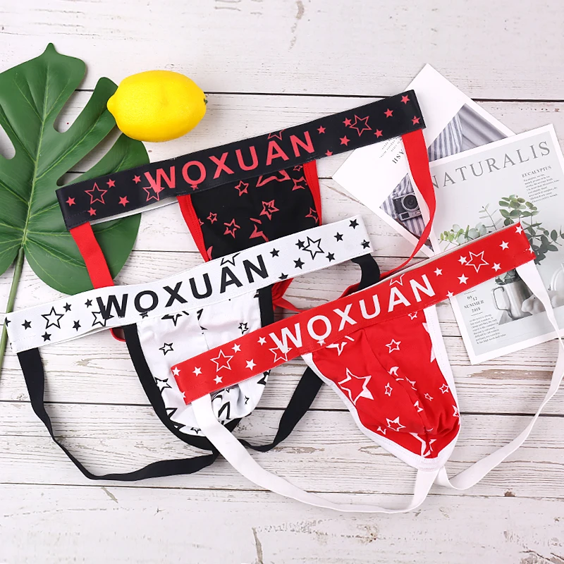 3PCS Men Briefs Cotton Men's Thongs Gay Sexy Underwear Print Star Underpants Sexy Sissy Panties U Convex G-string Male jockstrap