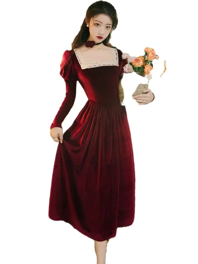 

Whcw Cgdsr Party Elegant Boho Winter Runway Autumn A-line Long Sleeve Dresses Women Luxury Square Collar Dress Vintage 2020 New