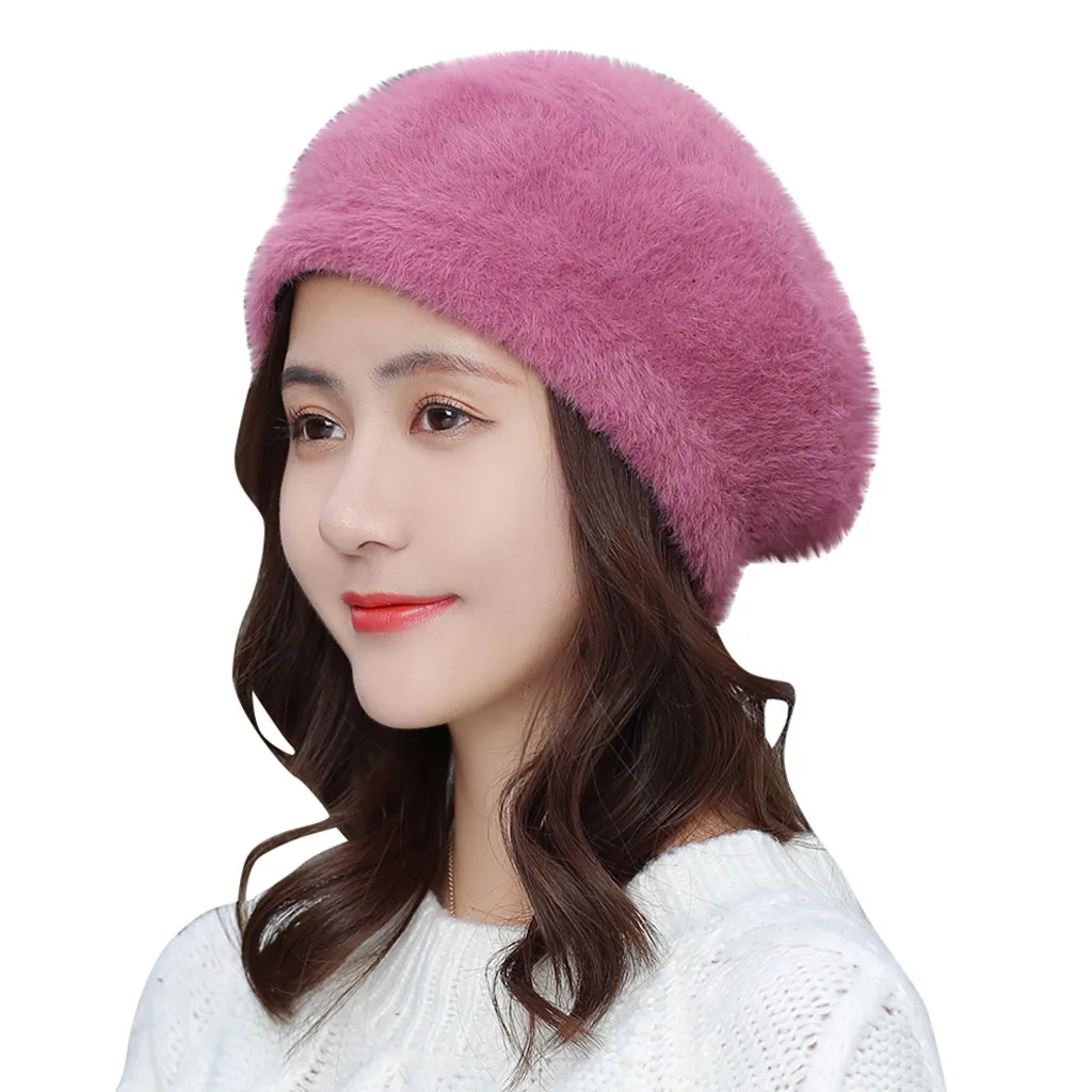 Хлопоковый берет шапки женские зимние французская шляпа девушки сплошной цвет