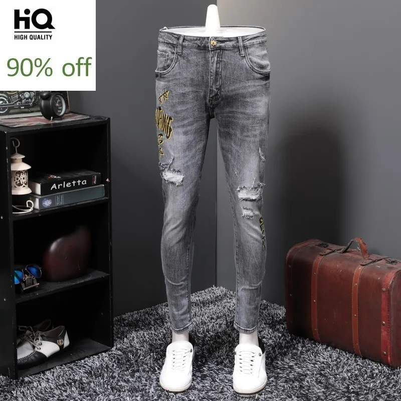 Индивидуальные Новые брендовые рваные мужские длинные джинсы карандаш с принтом