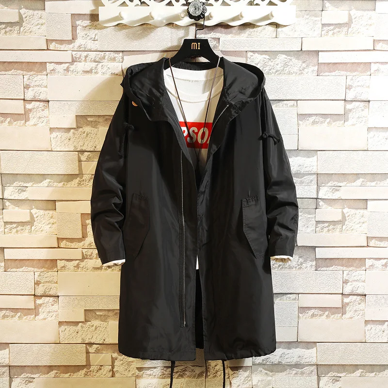 

#2457 Loose Hoodies Windbreaker Coat For Men Plus Size Black Grey Long Coats Hooded Japan Style Autumn Hoodie Outwear Harajuku