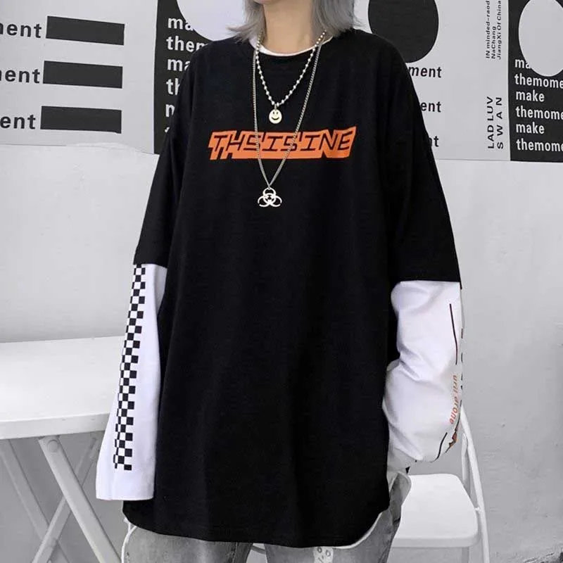 32377black NiceMix Harajuku футболка женская поддельная 2 шт. принт японский Fujiang Ужасы комиксы длинный рукав рубашка Женская Vetement Femme - Цвет: 32377black