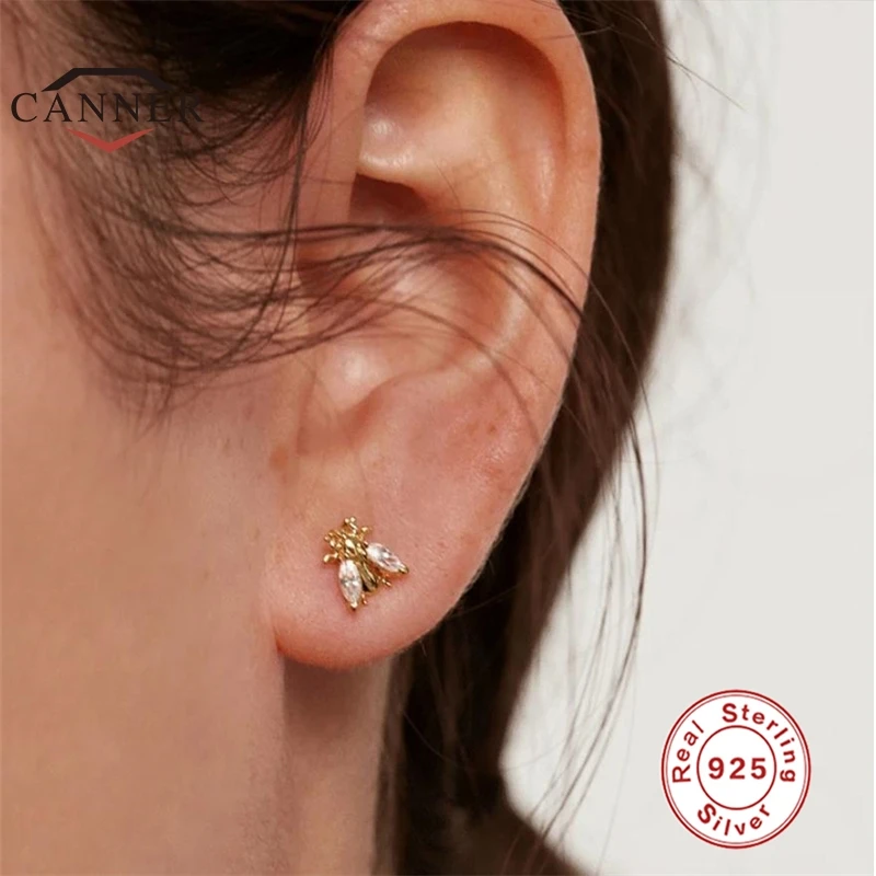 

CANNER Small Bee 925 Sterling Silver Stud Earrings for Women Colorful Cubic Zirconia Piercing Earring Jewelry Gift Pendientes