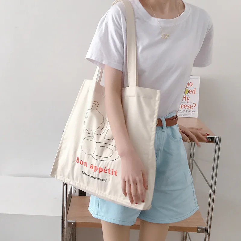 

Women Canvas Shopping Bag Bon Appetit Books Bag Female Cotton Cloth Shoulder Bag Eco Handbag Tote Reusable Grocery Shopper Bags