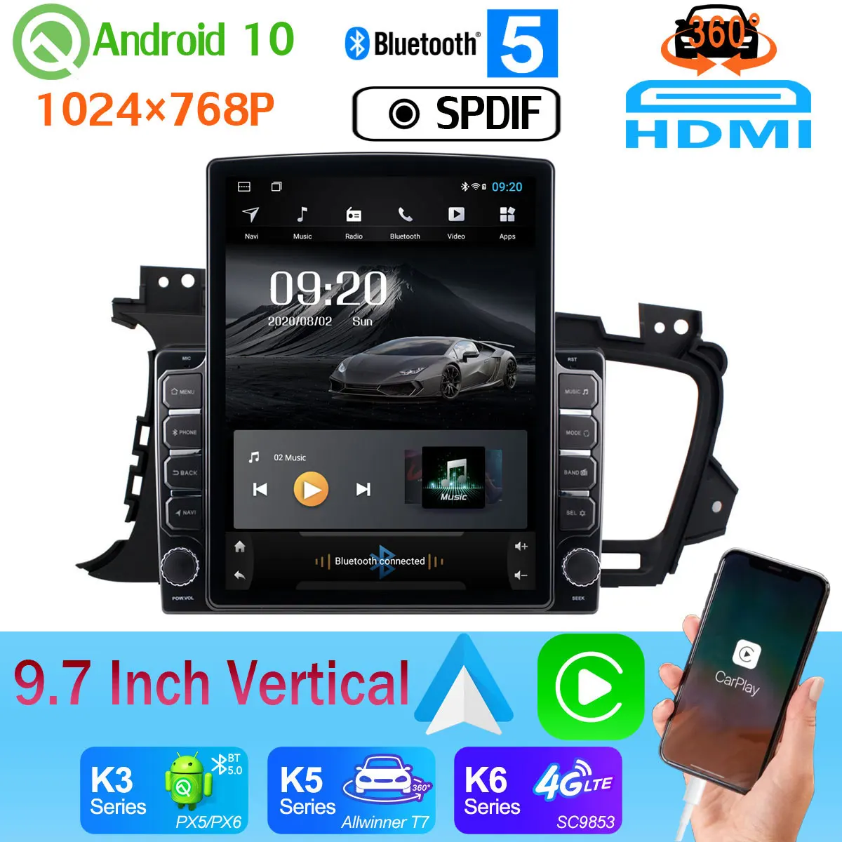 Автомагнитола Tesla для Kia K5 Optima 9 7-2015 2011 дюйма Android 10 PX6 4 + 64 ГБ GPS 4G Wi-Fi DSP CarPlay SPDIF 360