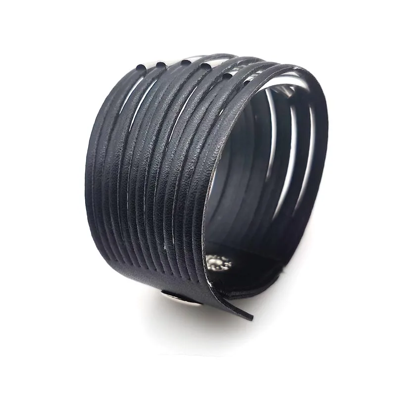 

Simple Design Black Leather Bracelets For Women Fashion Bracelets & Bangles Elegant Multilayer Wrap Wide Bracelet Jewelry