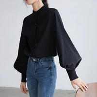 single breasted stand collar blouse solid big lantern sleeve women color korean style female tops elegant shirt