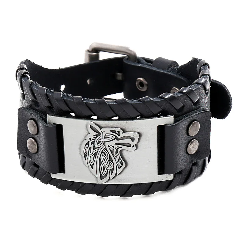 Jessingshow Vintage Men Viking Bracelet Wolf Cowhide Bracelet Men's Wide Leather Strap Bracelet Totem Jewelry Accessories