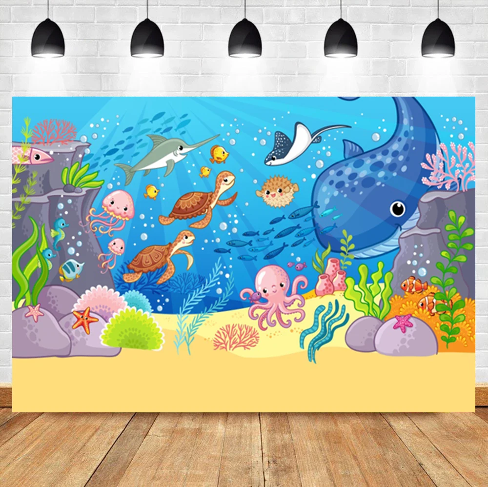 

Laeacco Baby Cartoon Birthday Background Room Decor Underwater World Whale Animal Photographic Photo Backdrop For Photo Studio