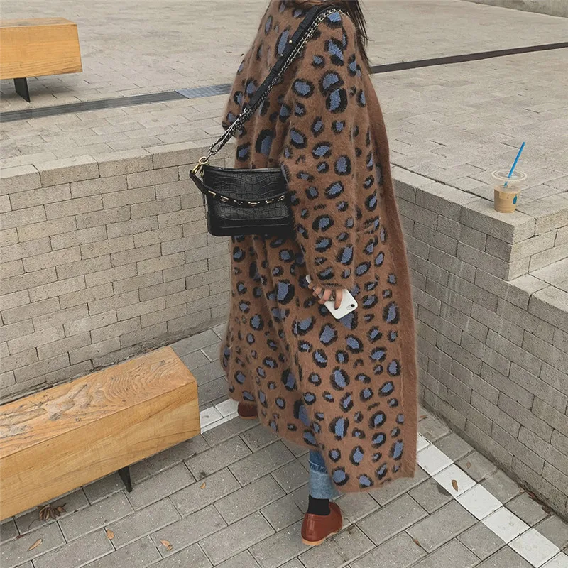 

YourSeason New Ladies Korean Loose Long Coats 2021 Spring Autumn Cardigan Warm Winter Women Leopard Knitted Trench