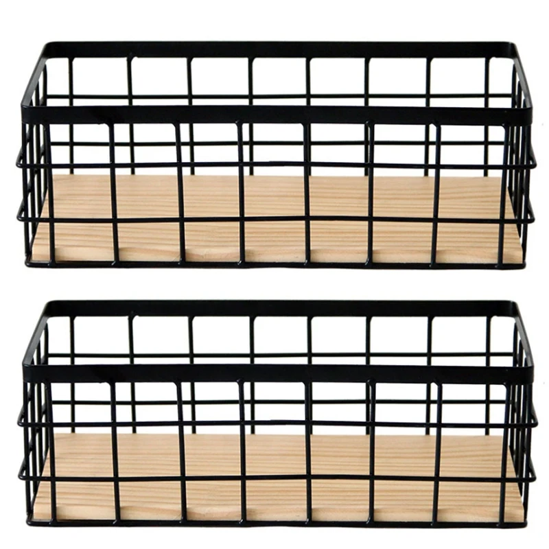 

2x Iron Wall Shelf With Wooden Board Hanging Storage Basket Sundries Shelves Holder Storage Rack Home Large