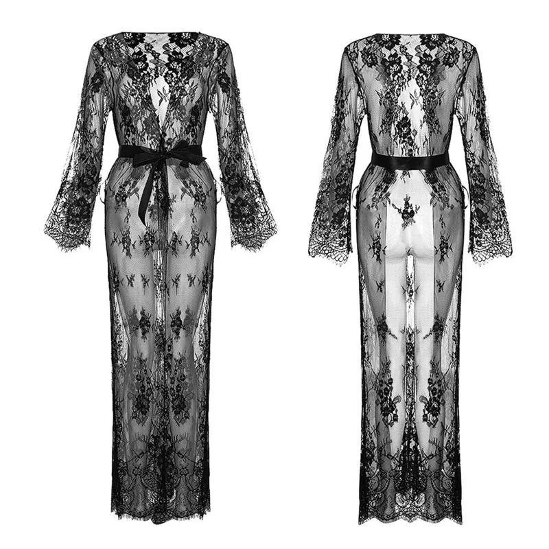 

Women Long Sleeve Lace Dress Fashion Solid Color Sexy Perspective Pajamas Robe Sleepwear Underwear Lingerie Satin Silk Belt Slim