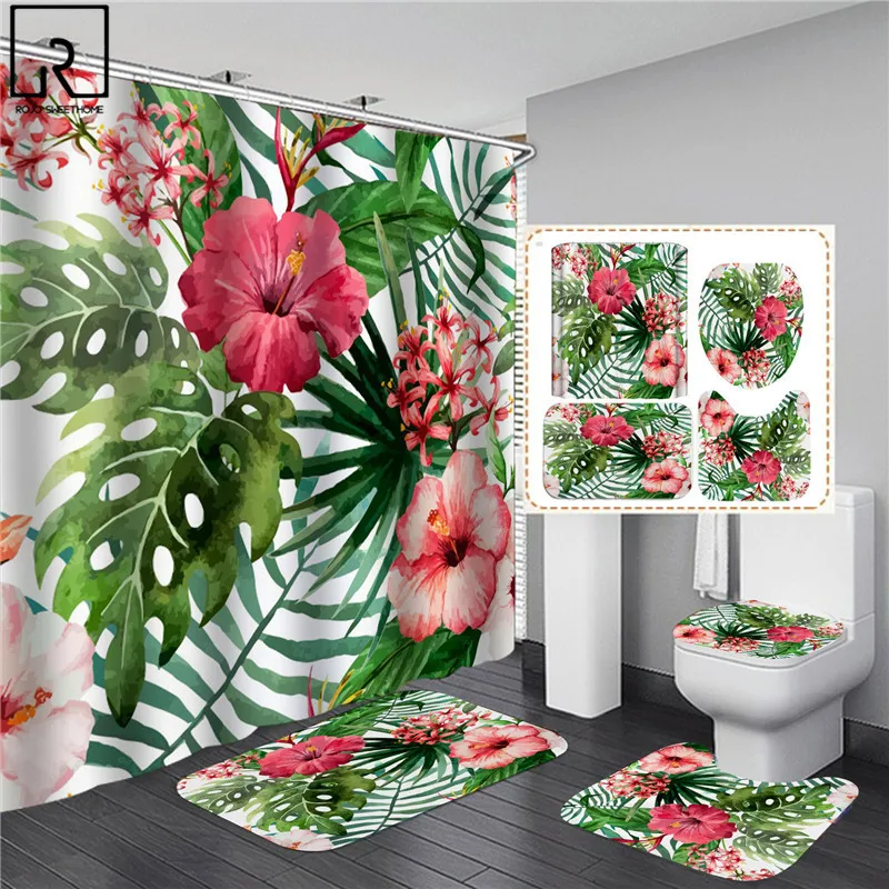 

Elegant Leaves Big Flowers Print Shower Curtain with Hooks High Quality Waterproof Bathroom Curtain Bath Mat Set Home Decoration