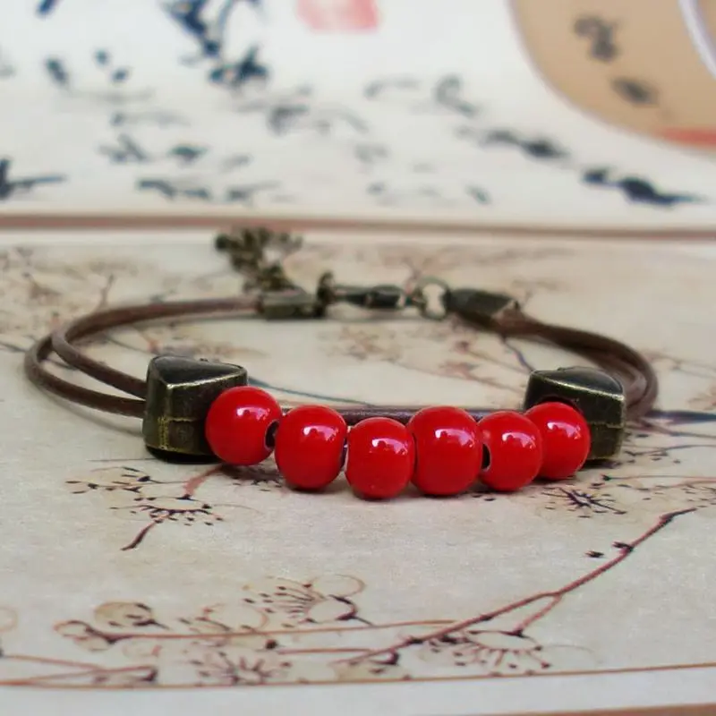 Простой винтажный этнический стиль Красный фарфоровый бисер Бронзовый Цвет