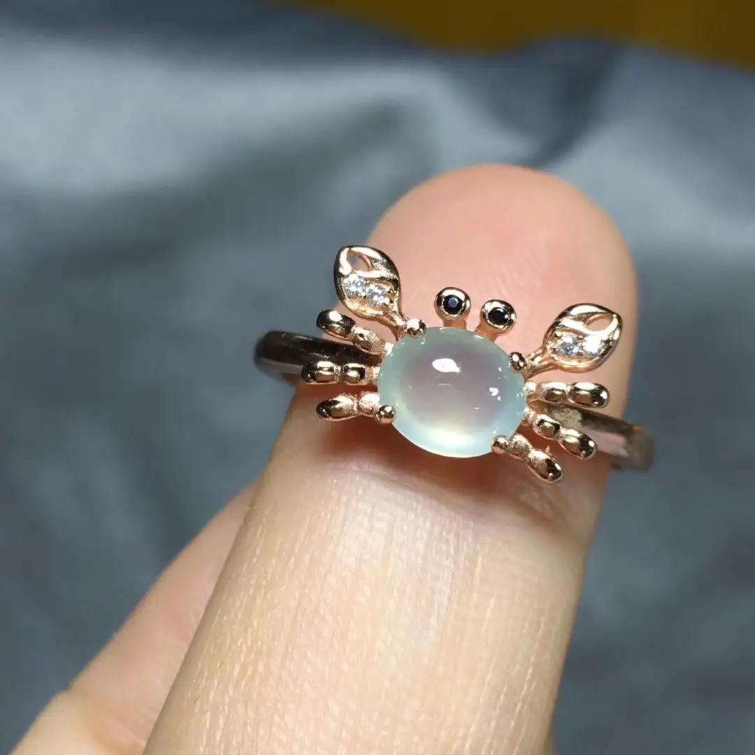 

Original new natural ice seed chalcedony Egg ball crab opening adjustable ring diamond noble charm female silver jewelry
