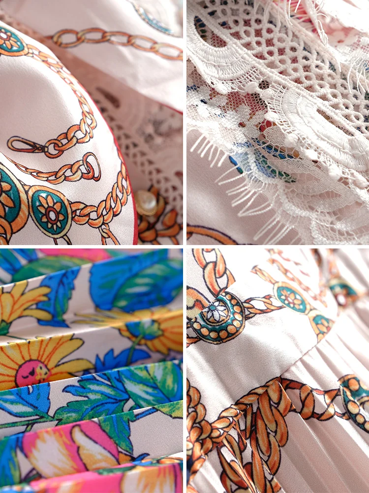 

High Fashion Elegant Woman Dress Short Sleeve Chic Lace Patchwork Printed Pleated Dress New Summer Dress Women Vestidos SL227