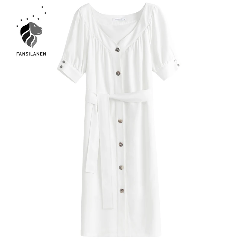 

FANSILANEN 100% Tencel short sleeve long white dress Women spring summer v neck elegant dress Female belt vintage boho dress