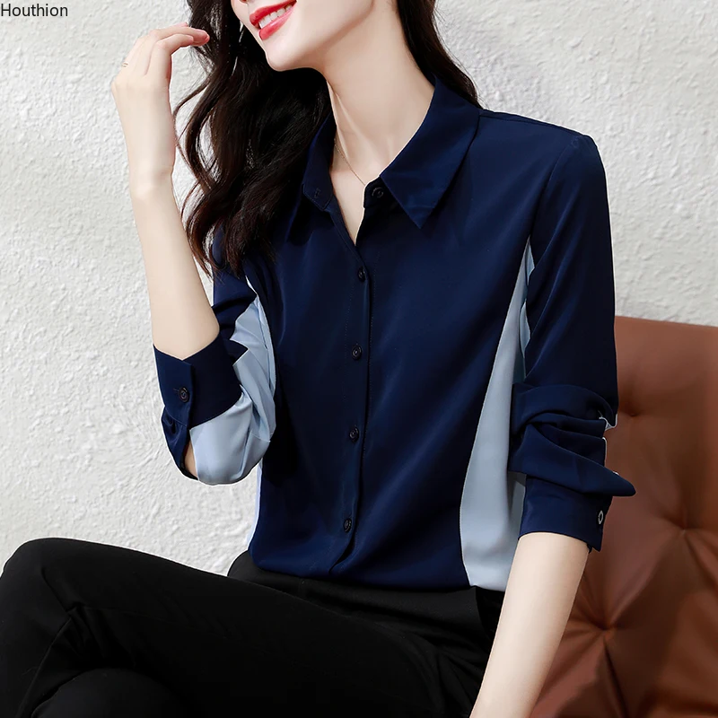 

Summer New Women's Blouses Polo Shirt Long Sleeve Tops Solid Color Stitching Blouse Chiffon Casual Fashion Loose