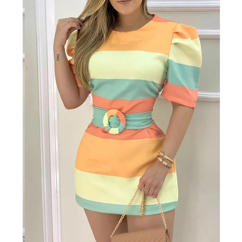 

WEPBEL Women Elegant Color Stripe Mini Dress Casual Ladies Short Sleeve O Neck High Waist Mini Dress With Belt