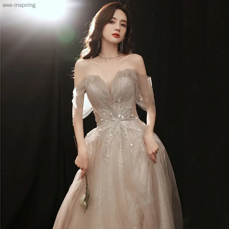

Awe-inspiring High-end Evening Dress 2021 New Temperament Champagne Off-the-shoulder Banquet Waist Dignified Elegant Dress