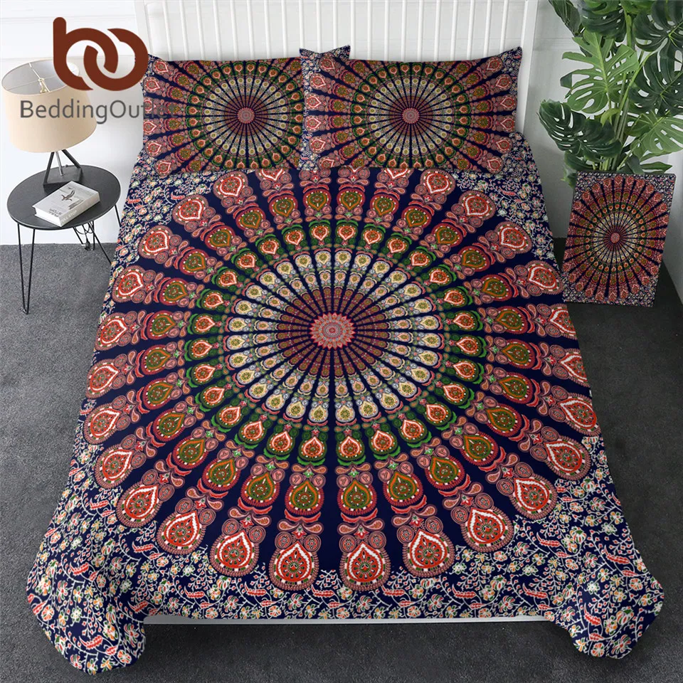 Комплект постельного белья из 3 предметов оранжевый синий мандалы Цветочный