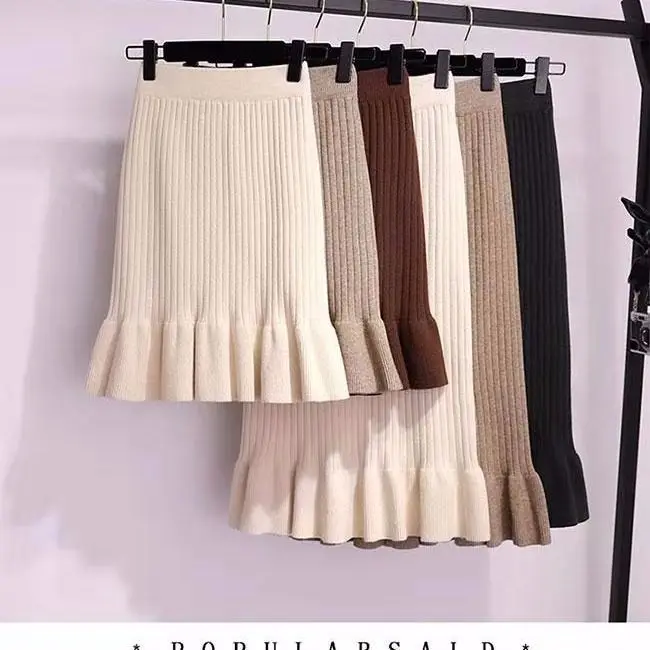 

2023 Woman Half Length Elastic Skirts Female Autumn Winter Warm Knitted Straight Skirt Ladies Mid-Long Knitted Casual Skirt H386