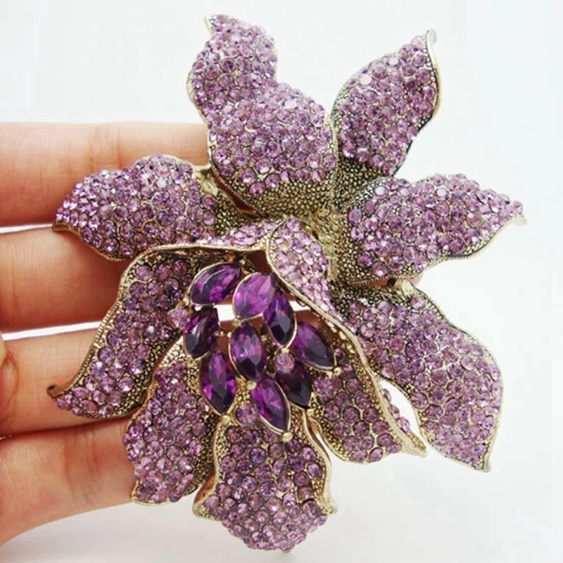 

Vintage Style Brooch Purple Rhinestones Crystal Orchid Brooch Pin Fashion Woman Flower Brooches