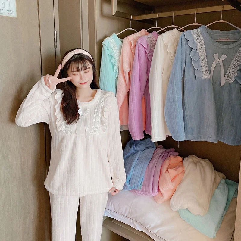 

2021 Winter Thick Warm Long Sleeve Flannel Pajama Sets for Women Korean Cute Lace Coral Velvet Sleepwear Pyjama Homewear Clothes