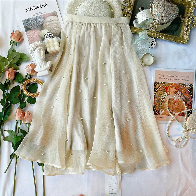 

French elegant beaded chiffon A skirt skirt women chiffon floral cover ups Silk Polyester skirts for women sexy skirt